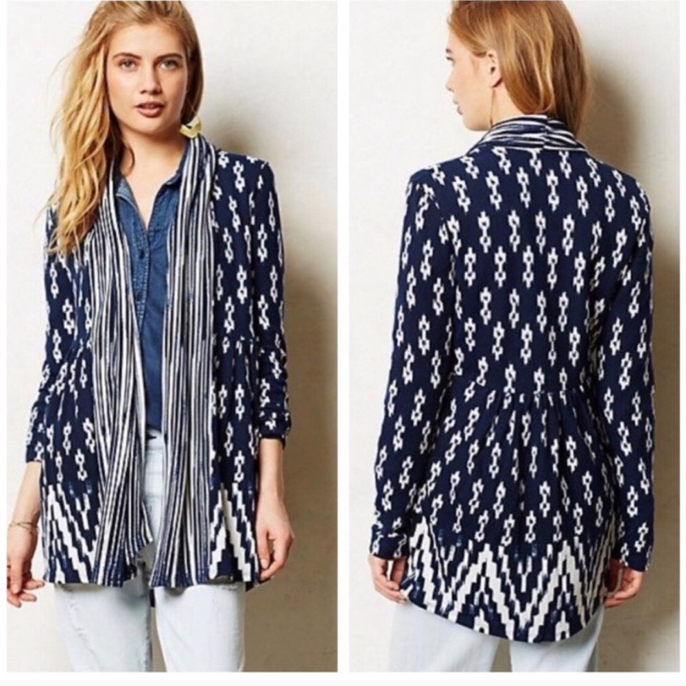 Anthropologie One September Martingale Blue Ikat Print Cardigan XS